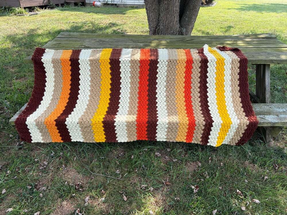 Vintage Hand Crocheted Striped Afghan Blanket